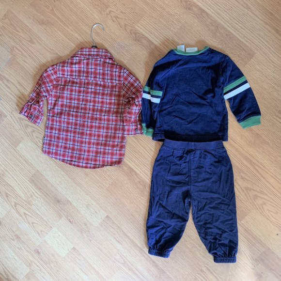 BOYS - 3 pc lot sz 18 M, 2pc outfit jogger suit football applique, red plaid top - Picture 3 of 4